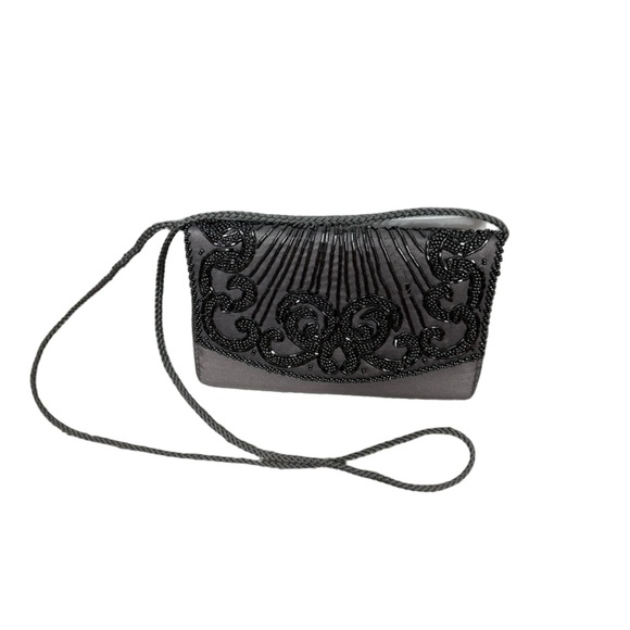 La Regale Handbags - La Régale vintage evening bag-gray with beading and long strap